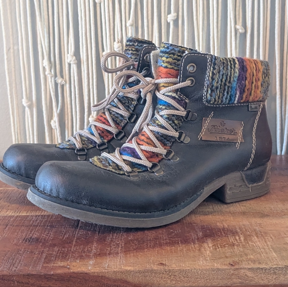 Rieker Black Leather Lace-Up Ankle Boots with Multi-Color Knit Cuff - Size 41